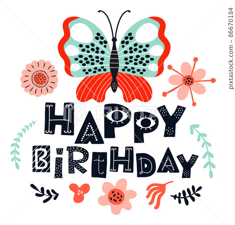 Happy birthday card. Cute ornate banner with flowers and butterfly 86670184