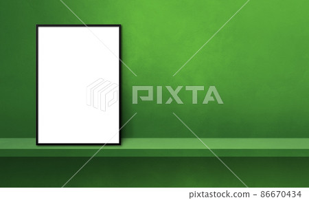 Black picture frame leaning on a green shelf. 3d illustration. Horizontal banner Black picture frame leaning on a green shelf. 3d illustration. Horizontal banner 86670434