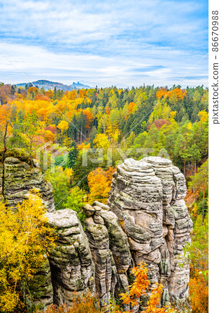 Colorful autumn landscape and sandstone rocks 86670988