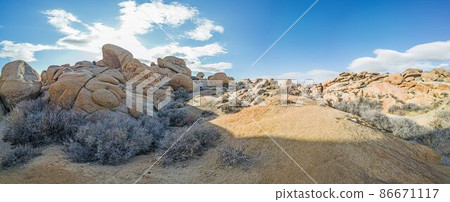 Picture of Arch Rock area in the Yoshua Tree National Park with cactus trees in California during the day 86671117