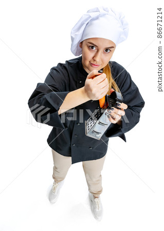 High angle view of beautiful young woman, lady-cook, chef in black uniform isolated on white background. Cuisine, profession, business, food, taste, restaurant concept. High angle view of beautiful young woman, lady-cook, chef in black uniform isolated on white background. Cuisine, profession, business, food, taste, restaurant concept. 86671214