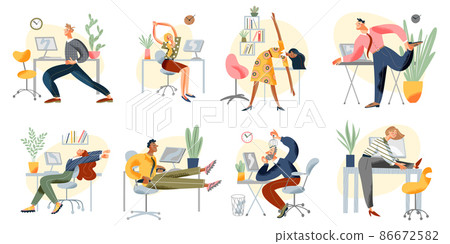 People do exercise workout on office workplace set, take healthy break from work 86672582