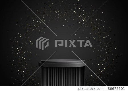 Luxurious round black podium in a black empty room with gold glitter in a circle.Abstract vector rendering of a 3d shape for the presentation of cosmetic products. Mini stage, studio. 86672601