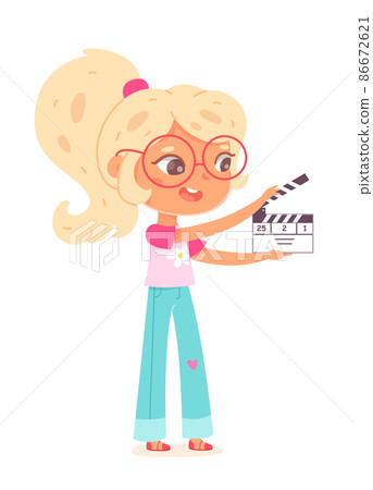 Movie director kid making cinema film, girl filmmaker in glasses holding clapperboard 86672621