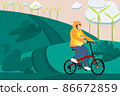 flat art and cartoon design for solo woman biking bicycle with her cat with wind turbine and sunset background 86672859