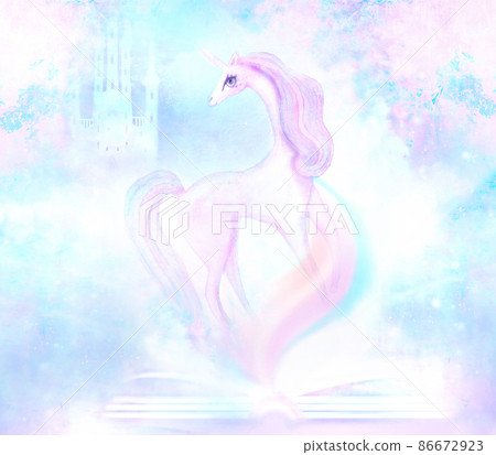 Magic world of tales, cute unicorn and fairy-tale princess castle appearing from the book Magic world of tales, cute unicorn and fairy-tale princess castle appearing from the book 86672923