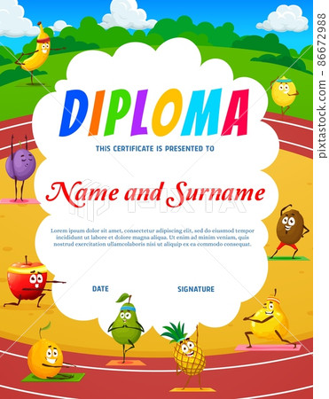 Diploma of kids yoga, cartoon fruits characters on yoga poses. Vector graduation certificate with funny pineapple, lemon, orange, banana, apple, pear and plum with quince and kiwi personages Diploma of kids yoga, cartoon fruits characters on yoga poses. Vector graduation certificate with funny pineapple, lemon, orange, banana, apple, pear and plum with quince and kiwi personages 86672988