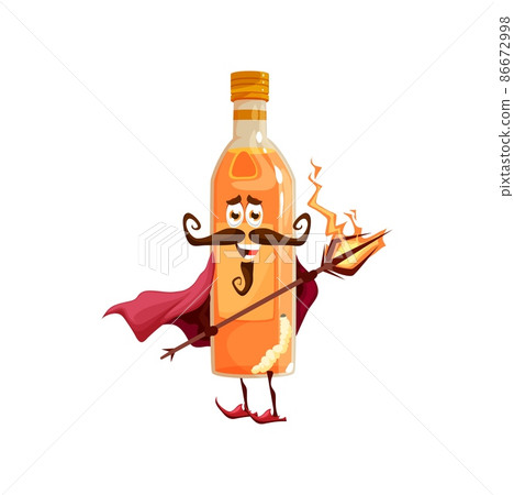 Cartoon mexican mezcal sorcerer character. Funny vector magic personage, traditional alcohol drink bottle of Mexico in worm inside wear cape with staff in hands. Wizard or magician bottle Cartoon mexican mezcal sorcerer character. Funny vector magic personage, traditional alcohol drink bottle of Mexico in worm inside wear cape with staff in hands. Wizard or magician bottle 86672998