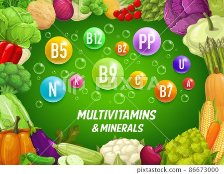 Multivitamins and minerals in vegetables. Cartoon farm veggies healthy food vector background. Vegetarian diet plan and natural nutrition vitamins vector background with ripe and fresh vegetables Multivitamins and minerals in vegetables. Cartoon farm veggies healthy food vector background. Vegetarian diet plan and natural nutrition vitamins vector background with ripe and fresh vegetables 86673000