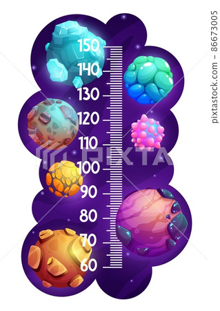 Kids height chart with cartoon fantastic alien space planets, vector growth measure ruler. Child height scale measure meter with galactic meteors and fantasy space asteroids in starry galaxy 86673005