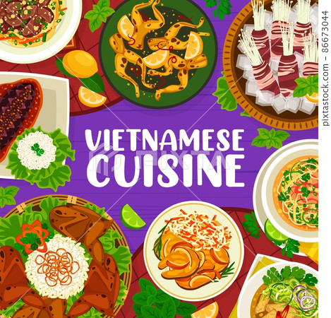 Vietnamese cuisine food menu cover template. Seafood and beef udon noodles, grilled quails and fried fish with rice, shrimp soup, bacon wrapped enoki mushrooms and stir fried frog legs, beef soup Vietnamese cuisine food menu cover template. Seafood and beef udon noodles, grilled quails and fried fish with rice, shrimp soup, bacon wrapped enoki mushrooms and stir fried frog legs, beef soup 86673044