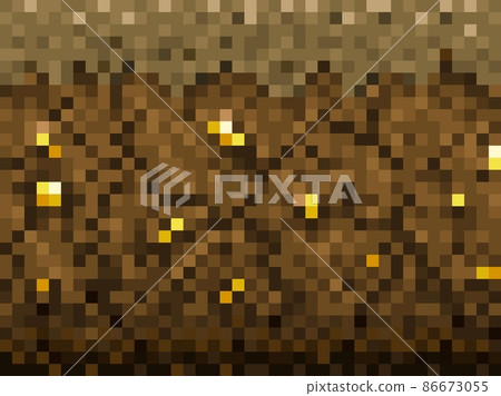 Golden ore, brown ground blocks pattern cubic pixel game background. Vintage video arcade level pixelated backdrop. Computer 8bit retro game asset vector pixel texture with gold nuggets in soil 86673055