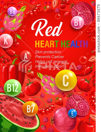 Color rainbow diet red day nutrition and multivitamins. Dieting and nutrition system for heart health vector vertical poster with health benefits, ripe red fruits, fresh vegetables and berries 86673079