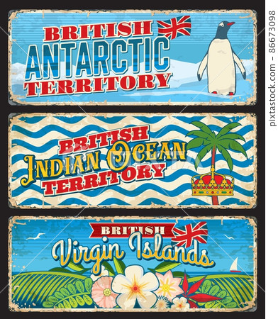 British Virgin Islands, Antarctic, Indian Ocean territories travel stickers and plates. Britain territories travel destination vector retro plates, tourist souvenir card with penguin, wave and flowers British Virgin Islands, Antarctic, Indian Ocean territories travel stickers and plates. Britain territories travel destination vector retro plates, tourist souvenir card with penguin, wave and flowers 86673098