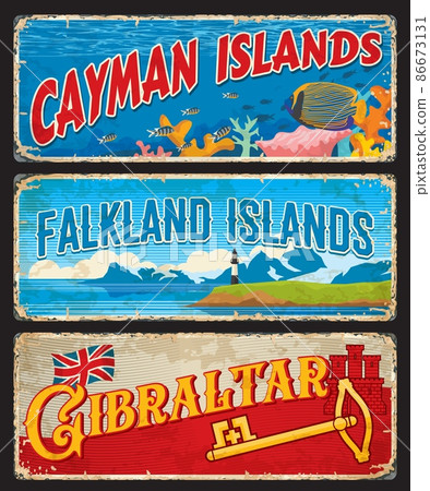 British Cayman, Falkland islands and Gibraltar travel stickers, plates. Great Britain territories vintage tin sign, grunge vector travel sticker or postcards with flag and territory landmarks symbols British Cayman, Falkland islands and Gibraltar travel stickers, plates. Great Britain territories vintage tin sign, grunge vector travel sticker or postcards with flag and territory landmarks symbols 86673131