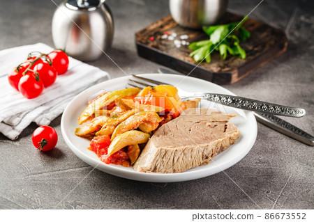 Dinner table with different dishes, set menu for nutritious healthy lunch in restaurant, business lunch 86673552