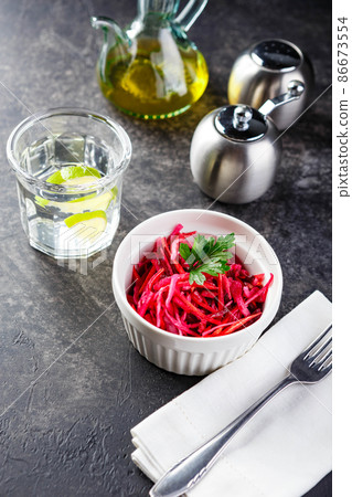 Dinner table with different dishes, set menu for nutritious healthy lunch in restaurant, business lunch 86673554