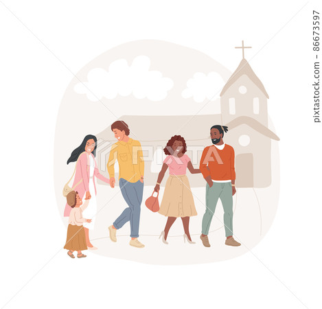 Local church abstract concept vector illustration. Families heading to the local church building, nicely dressed, Sunday mass, neighborhood social life, religious people abstract metaphor. Local church abstract concept vector illustration. Families heading to the local church building, nicely dressed, Sunday mass, neighborhood social life, religious people abstract metaphor. 86673597