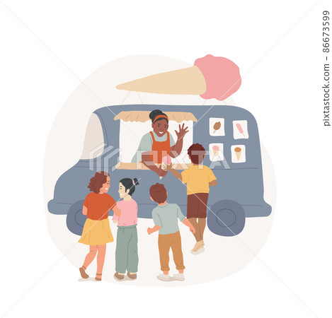 Ice cream truck abstract concept vector illustration. Community living, local business, decorated truck parked in residential area, neighborhood, kids queue for ice cream abstract metaphor. Ice cream truck abstract concept vector illustration. Community living, local business, decorated truck parked in residential area, neighborhood, kids queue for ice cream abstract metaphor. 86673599