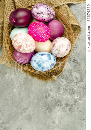 Bright colored Easter eggs on platter, holiday background. Studio Photo Bright colored Easter eggs on platter, holiday background. Studio Photo 86674220