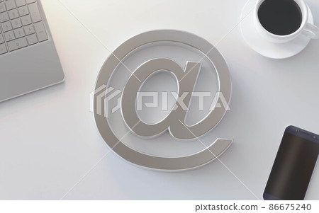 silve at symbol on white desk with notebook, coffee and smart phone 3d render illustration 86675240