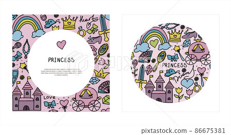 Vector Illustration Hand-Drawn Sketchy Fairy Tale Princess banners Tiara Crown Doodle Design Cards Set Vector Illustration. Cliparts for invitation, ad, book Vector Illustration Hand-Drawn Sketchy Fairy Tale Princess banners Tiara Crown Doodle Design Cards Set Vector Illustration. Cliparts for invitation, ad, book 86675381