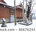 Snow falls on the precincts of the shrine Old tree of the shrine in the snow Snow scenery of the shrine 86676293