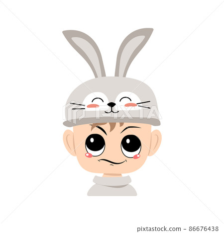 Boy with big eyes and emotions of suspicious, displeased face in rabbit hat with long ears. Child with annoyed expression for Easter, New Year or carnival costume for party. Vector flat illustration Boy with big eyes and emotions of suspicious, displeased face in rabbit hat with long ears. Child with annoyed expression for Easter, New Year or carnival costume for party. Vector flat illustration 86676438
