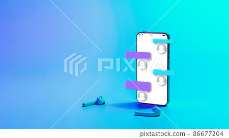 Online conversation sms chat. Message notification on smartphone screen. Email message, mail notification. Social network on neon background. 86677204