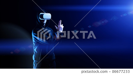 Virtual reality glasses vr. Young man in digital goggles for 3d virtual reality game on dark background. Future digital technology game and entertainment. 86677233