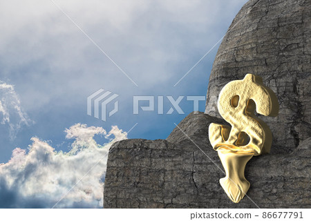 Down arrow and dollar mark on the cliff Down arrow and dollar mark on the cliff 86677791