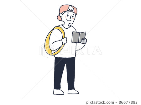 A man reading a book while walking, a comical handwritten person, a vector, and simple coloring of line drawings. 86677882