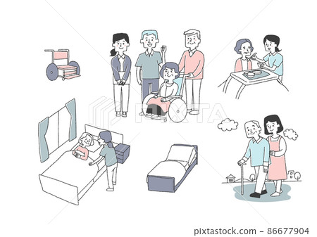 Illustration set related to long-term care, comical handwritten person illustration, simple coloring on vector line drawing, white background 86677904