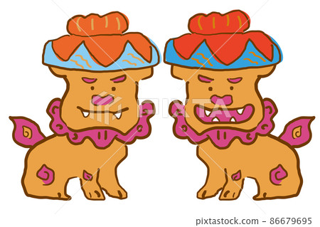 Shisa with hand-painted Okinawan flower caps Illustration material 86679695