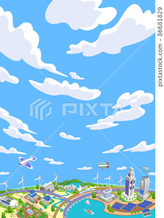 Majestic sky and clouds, future city illustrations of SDGs, with variations Majestic sky and clouds, future city illustrations of SDGs, with variations 86681829