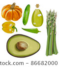 Illustrated vegetable set-asparagus, pumpkin, cucumber, avocado, olive oil, okra, paprika 86682000