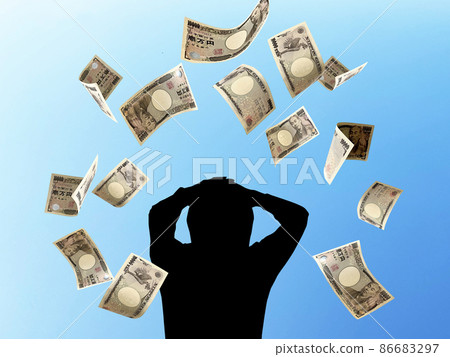 很多落下的 10,000 日元鈔票和人們舉著頭的剪影_藍天背景 很多落下的 10,000 日元鈔票和人們舉著頭的剪影_藍天背景 86683297