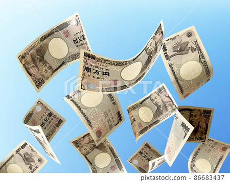 Lots of falling 10,000 yen bills_blue sky background 86683437