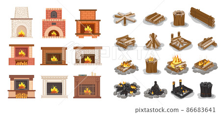 Fireplace Isolated Icons Set Logs Wooden Material Fireplace Isolated Icons Set Logs Wooden Material 86683641