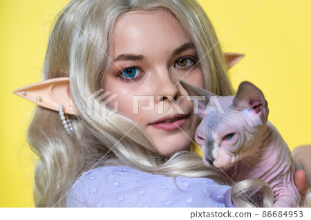 Portrait of cosplay elf young woman holding Sphinx cat in her hands on yellow background. Elf in blue dress, with blonde curly long hair, eyes of different colors, pierced ears looks at camera. Portrait of cosplay elf young woman holding Sphinx cat in her hands on yellow background. Elf in blue dress, with blonde curly long hair, eyes of different colors, pierced ears looks at camera. 86684953