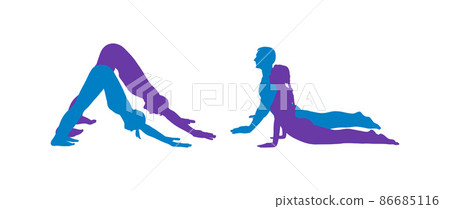 Couple yoga in Downward Facing Dog Pose or cobra pose. Woman and man silhouettes practicing yoga. Vector illustration 86685116