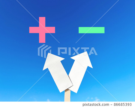 指向左右和+和-_藍天背景的兩個箭頭 指向左右和+和-_藍天背景的兩個箭頭 86685393