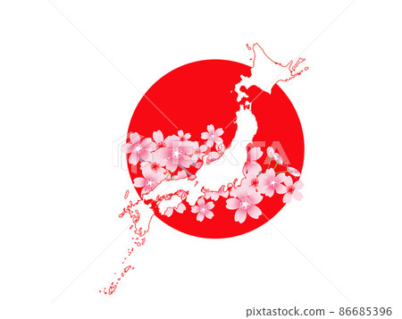 Map of Japan and cherry blossoms against the backdrop of the Hinomaru flag 86685396