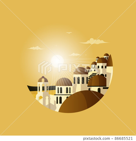 Sunset Santorini Greece Aegean Sea Vacation Travel Tour Circle Emblem 86685521