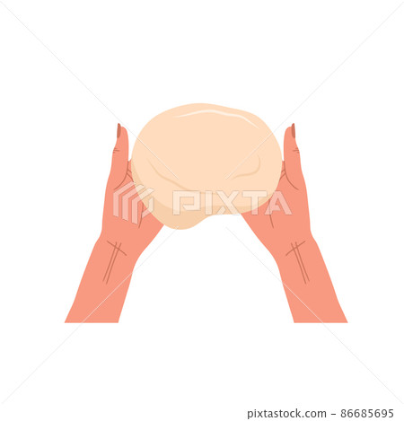 Kneading dough hands. Woman prepares homemade baking or pasta. Top view. Cooking school. Stay home and cook healthy food by recipe. Vector illustration in flat cartoon style Kneading dough hands. Woman prepares homemade baking or pasta. Top view. Cooking school. Stay home and cook healthy food by recipe. Vector illustration in flat cartoon style 86685695