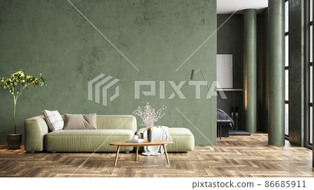 Modern beautiful interior with columns, colored wall and stylish furniture. Bright loft design. 3D rendering Modern beautiful interior with columns, colored wall and stylish furniture. Bright loft design. 3D rendering 86685911