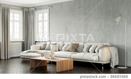 Beautiful interior of a modern room. Bright and clean design. A sofa standing by a large window against a wall background. 3D rendering 86685988