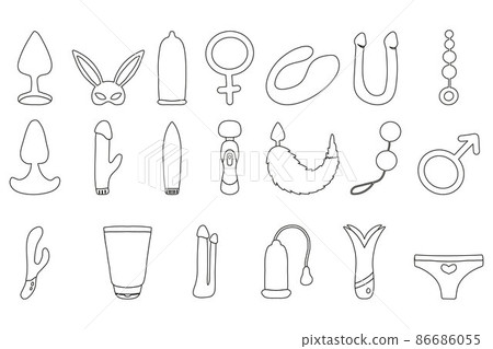 Vector set of sex toys icons. Sex shop icons set. Cute bright icons for an adult store. 86686055