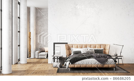 Modern beautiful interior with columns, white wall, large windows, high ceiling and stylish furniture. Bright loft design. 3D rendering 86686205