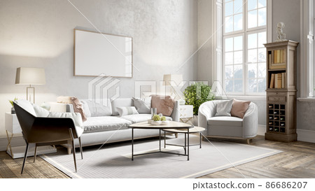 Modern beautiful interior of the room with white walls, large windows and stylish furniture. Bright and stylish design. 3D rendering Modern beautiful interior of the room with white walls, large windows and stylish furniture. Bright and stylish design. 3D rendering 86686207